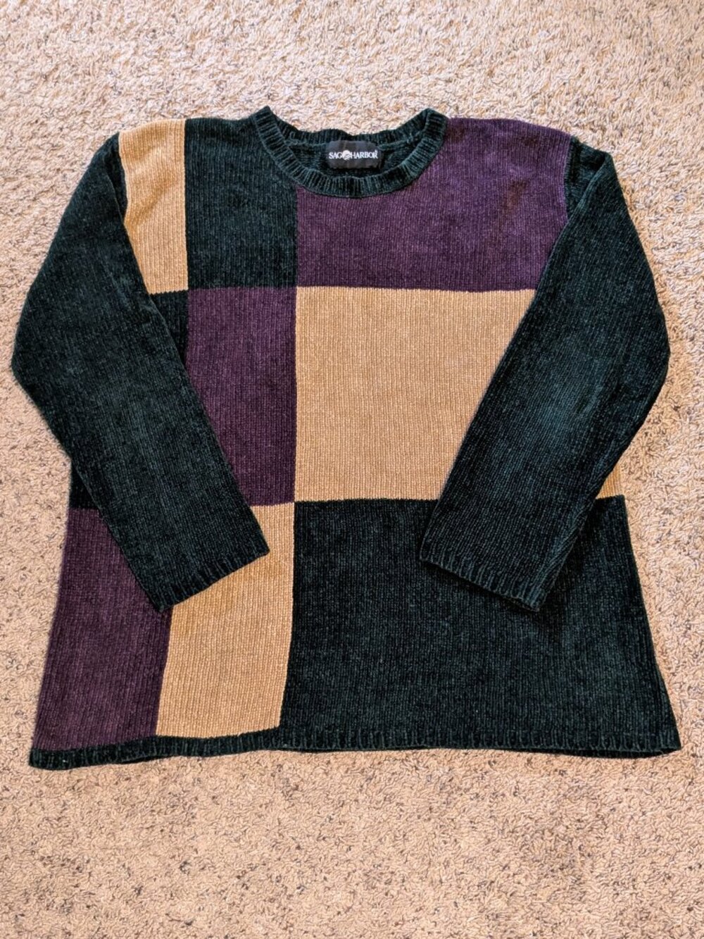 90s Sag Harbor Color Block Chenille Sweater Green Purple Tan Vintage Grandma